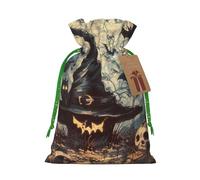 Witch Hat Printed Christmas Drawstring Bags for Party Xmas Gift Wrapping, Green Christmas Ribbon, S