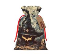 Witch Hat Printed Christmas Drawstring Bags for Party Xmas Gift Wrapping, Red Ribbon, S