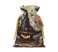 Witch Hat Printed Christmas Drawstring Bags for Party Xmas Gift Wrapping, Yellow Christmas Ribbon, S