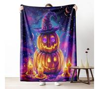 Witch Hat Pumpkin Fleece Throw Blanket, Starry Sky Halloween Couch Blanket 50"x60" Soft, Fall Holiday Decor Blankets for Bed Warm Lightweight Cozy Bedding Blanket for Winter Fall Spring Summer