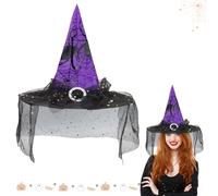 Witch Hat, Purple Witches Hat, Halloween Pointed Wizard Cap with Veil Spider Web Patterns, Halloween Costume Fancy Dress Accessories Halloweens Dress Up for Masquerade Parties Women Kids (A)