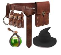 Witch Hat Retro Medieval Belt Pouch Alchemy Potion Vials Fantasy Wizard Costume Sets for Ren Faire Halloween Cosplay Party (Brown a)