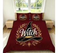 Witch Hat Retro Mystery Super King Duvet Cover Set 240 x 260 cm 3 PCS Single Bedding Set Soft Breathable and Lightweight Microfiber Duvet Cover Wine Red Quilt Cover with 2 Pillowcases G-2086