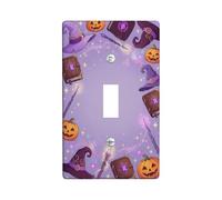 Witch Hat Single Light Switch Cover Plate, Fanciful Festive Pumpkins Spell Book Halloween Violet Standard Size Toggle Light Switch Cover for Living Room Bedroom Home Office Decor