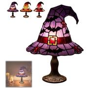 Witch Hat Table Lamp Ornament, Handcrafted Stained Resin Gothic Wizard Hat Lights, Wizard Hats Shape Spooky Fun Light for Indoor Party Haunted Wiccan Halloween Decor (Purple)
