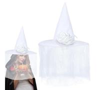 Witch Hat White Costume Headpiece with Veil and Flower