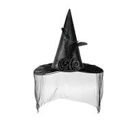 Witch Hat | Witch Costume Hat with Half Veil and Flower - Dress Up Headwear, Halloween Costume Accessory for Cosplay Event Haunted House Stage Performance