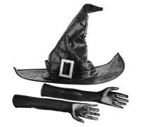 Witch Hat with Gloves, Wide Brim and Pointed Leather Headpiece