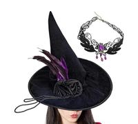 Witch Hats for Women | Necklace and Headpiece Set Costume with a Gem | Black Pointed Witch Hat | For Parties, Carnival, Role Play, Masquerade, Teen Girls, Moms, Ladies,