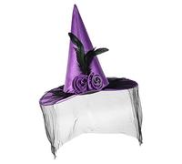Witch Hats for Women, Witch Wide Brim Hat with Half Veil and Flower, Dress Up Headwear, Halloween Costume Accessory for Holiday Cosplay Event Gothic Gathering School Play