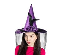 Witch Hats for Women, Witch Wide Brim Hat with Half Veil and Flower, Dress Up Headwear, Halloween Costume Accessory for Holiday Cosplay Event Gothic Gathering School Play