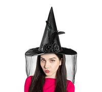 Witch Hats | Witch Wide Brim Hat with Half Veil and Flower | Portable Halloween Costume Accessory for Women Holiday Parade Fantasy Festival School Play