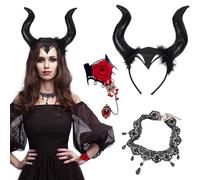 Witch Horn Headband Accessories Set Halloween Devil Hair Accessories Ladies Adult Witch Costume with Gothic Vintage Black Lace Necklace for Halloween Cosplay Masquerade Carnival