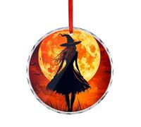 Witch in Moon Christmas Hanging Ornaments Crystal Glass Round Pendant Gifts for Xmas Trees Home Offices