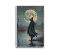 Witch in the moonlight magic canvas wall art enchanting Halloween home decor swamp witch silhouette oil painting mysterious gothic aesthetic wall decor print poster