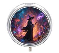 Witch in The Mysterious Forest Pill Box 3-Compartment Travel Pill Organizer Portable Round Medicine Case with Mirror Design for Vitamins, Jewelry & Essentials Durable Pocket Pillbox for Purse, Camping