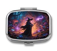 Witch in the Mysterious Forest Square Travel Pill Case, Portable Small Pill Organizer, 2 Compartments, Metal Medicine Box, Sealed Pill Container