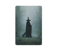 Witch in The Woods with Broom Dark Fantasy Tin Metal Signs Wall Art Decorations for Bar Pub Club Cafe Room Farmhouse White 30x20cm