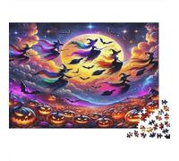 Witch Jigsaw Puzzles 1000 Pc Recycled Paper Witches Fly over Pumpkins Under Glowing Full Moon Adult Jigsaws Educational Game Challenge Wall Decoration And Gifts 52x38cm/1000pcs