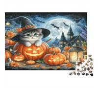 Witch Kitten Premium 1000 Pieces Thick Cardboard Puzzle Halloween Pumpkin for Older Children 12+ Anxiety Relief Indoor Activity 38x26cm/1000pcs