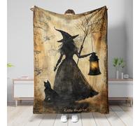 Witch Lantern Blanket, Brown Mystic Witch Silhouette Throw Blanket, Cozy Soft Plush Fleece for Home Decor, Halloween, All Season Warmth 50x60 Inch