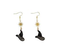 Witch Magic Hat with Sun Dangle Earrings for Women Black Enamel Cap Dangling Hook Vintage Gothic Holiday Festive Jewelry Halloween Costume Party Christmas Accessories Gifts