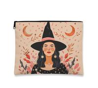 Witch Makeup Bag, Peach Witch Illustration Cosmetic Travel Pouch for Women, Portable Small Canvas Zipper Organizer, Halloween Skincare Toiletry Bag, Peach, 7x9 Inch, Witch