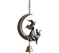Witch Moon Wind Chime with Black Cat & Crescent Moon, Gothic Resin Hanging Bell for Garden Porch Patio Balcony Window, Boho Halloween Home Decor Gift