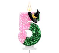 Witch Number Birthday Candles, Pink & Green Theme Number Cake Topper Birthday Cake Decoration for Anniversaries Wedding Baby Shower Party Supplies (5)
