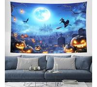 Witch On A Broom Tapestry Wall Hanging 150×200cm Horror Cemetery Home Decor Wall Hanging Art,Hippie Halloween Terror Aesthetic Decor Bedroom Living Room Dorm, Blue
