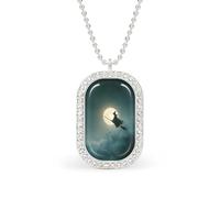 Witch on Her Broomstick Full Moon Rectangle Pendant Necklace Silver Women Jewelry Alloy Keychain Tag Jewelry