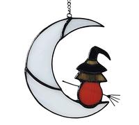 Witch On Moon Stained Glass Window Hanging Panel, Suncatcher for Windows, Witch Decor Riding Moon Face Sun Catcher Halloween Ornament.