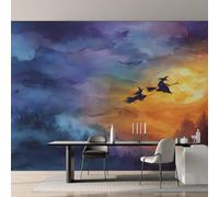 Witch Photo Wallpaper, Watercolor Full Moon Halloween Wallpaper Mural, 200x140cm Wall Paper for Bedroom Living Room, Non-Woven Wall Mural Room Decor EL&D64