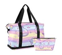 Witch Potion Cartoon Rainbow Stripes Gym Bag Weekender Overnight Bag with Adjustable Strap for Trip Foldable, Witch potion cartoon Rainbow stripes, One Size