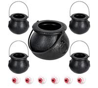 Witch Pots Black Plastic Candy Buckets - Halloween Party Supplies: 1 Large + 4 Small + 6 Scary Eyeballs