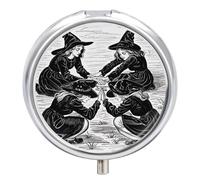 Witch Prayed Metal Pill Organizer, 3 Compartment Waterproof Pill Case with Mirror for Purse Pocket Bag, Daily Medicine Vitamin Holder, Portable Travel Med Container(Round)