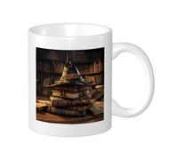 witch print mug magic hat magic book wooden magic book learning artist vintage brown yellow ceramic reusable decorative pantry apartment