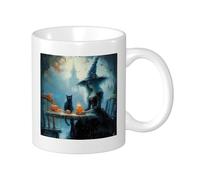 Witch Print Mug Oil Painting Cat Pumpkin Magic Hat Castle Beautiful Girl Bird Ceramic Blue Orange Invertable Office Cup Set of 1