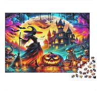 Witch Pumpkin Lantern 1000 Piece Jigsaw Puzzle Paper for Adults Haunted Castle Night View Puzzle Game Decor 52x38cm/1000pcs