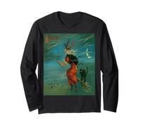 Witch Riding A Besom with A Black Cat Vintage Vector Long Sleeve T-Shirt