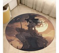 Witch Riding A Broom Bath Rug Absorbent Non-Slip Bathroom Rug Round Coral Velvet Bath Washable Door Mat Stain-Resistant Carpet Rug for Toilet Shower Tub Kitchen Decor 90 * 90cm