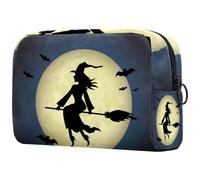 Witch Riding a Broom Through Full Moon with Flying Bats Cosmetic Bag for Women, Travel Toiletries Bags Large Makeup Handy Pouch Organiser Bag with Zipper