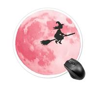 Witch Riding Broomstick Pink Moon Mousepad Round Computer Mousepad Waterproof Gaming Mousepads with Non-Slip Rubber Base Mousepads Mousemat for Laptop Office 20 CM