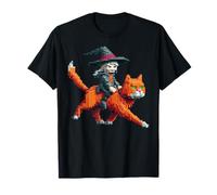 Witch Riding Cat Pixelated Gaming Art Design Blocky Style T-Shirt