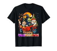 Witch Santa and Pilgrim On Motorcycles Happy HalloThanksMas T-Shirt