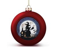 Witch Silhouette Christmas Tree Ornaments 1.6 Inch Shatterproof Pc Plastic Balls with Lanyard Baubles Hanging Christmas Ball Ornaments for Xmas Tree Holiday Party Wedding Home Decorations-red