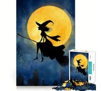 Witch Silhouette Flying on Broomstick 1000 Piece Puzzle For Teenagers Mind Skill Play Laser Cut for Flawless Fit Relaxing Indoor Group Activity (38x26cm)