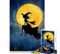 Witch Silhouette Flying on Broomstick Adult Jigsaw Puzzle1000 Pieces Intellect Skill Peaceful Fun Ideal Fit Perfect Present (50x75cm)