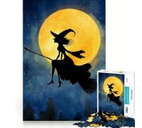 Witch Silhouette Flying on Broomstick Adult Jigsaw1000 Pieces Cognitive Train Game Tight Interlock No Gaps Calming Mental Break Activity (38x52cm)