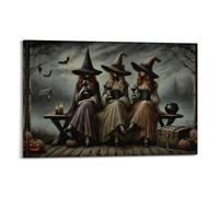 Witch Sisters Halloween Wall Art Three Elegant Makeup Witches with Wine Painting Vintage Dark Academia Decor Spooky Fall Art Print Gothic Wall Decoration12x18inch(30x45cm)